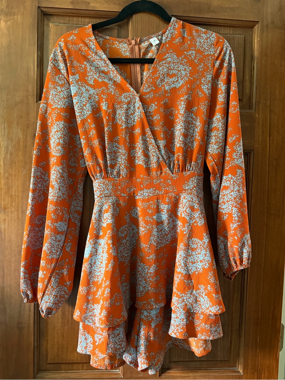 Long-Sleeve Orange Floral Wrap Dress